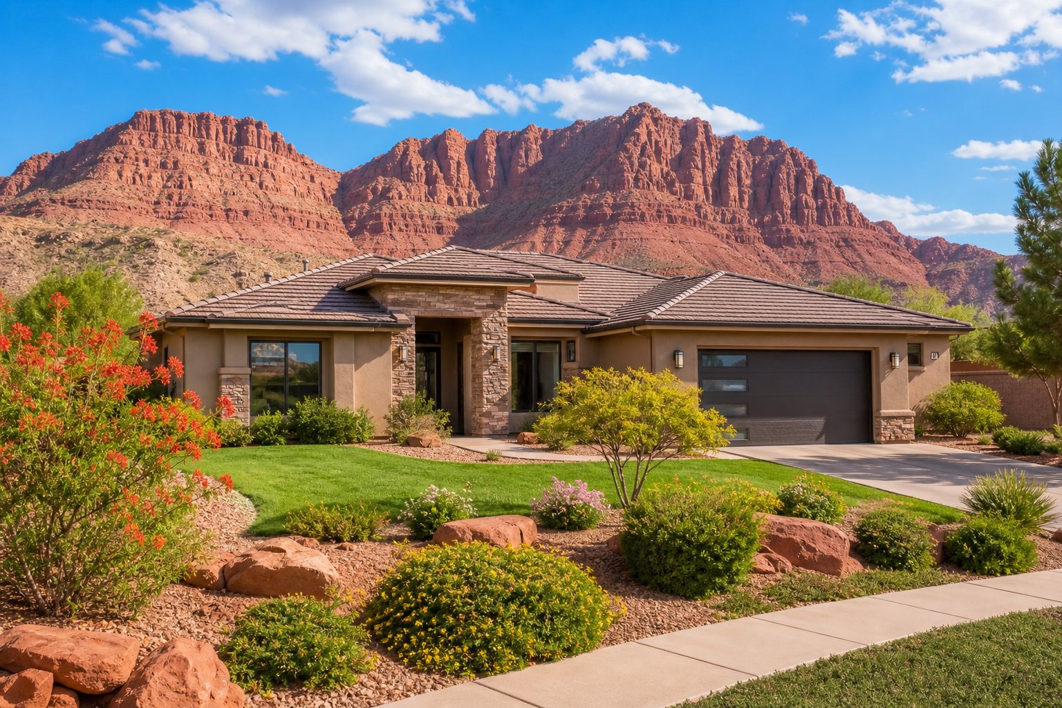St. George Utah residential neighborhood with red rock backdrop under a bright blue sky