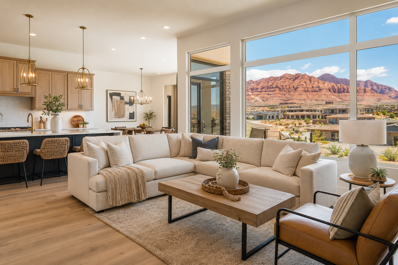 A bright, beautifully staged living room with large windows overlooking red rock views in St. George, Utah