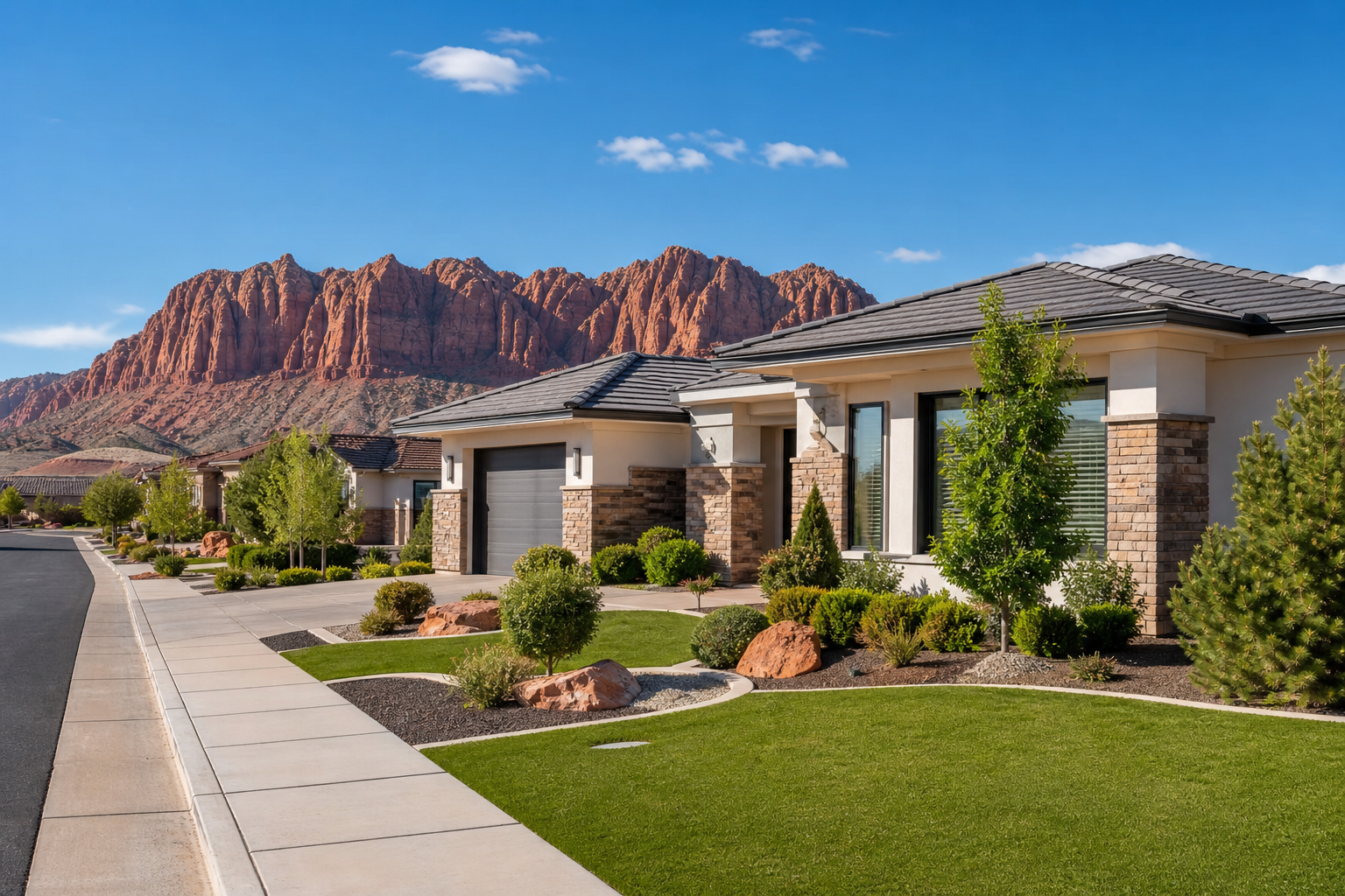 Moderna casa familiar en St. George, Utah, con un telón de fondo de montañas de roca roja y césped verde.