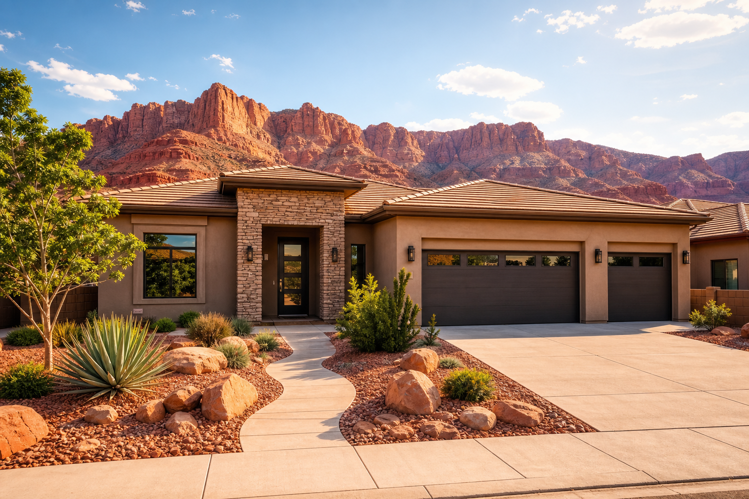 El exterior de una casa moderna, cálida y acogedora con montañas de roca roja de fondo bajo un brillante cielo de Southern Utah