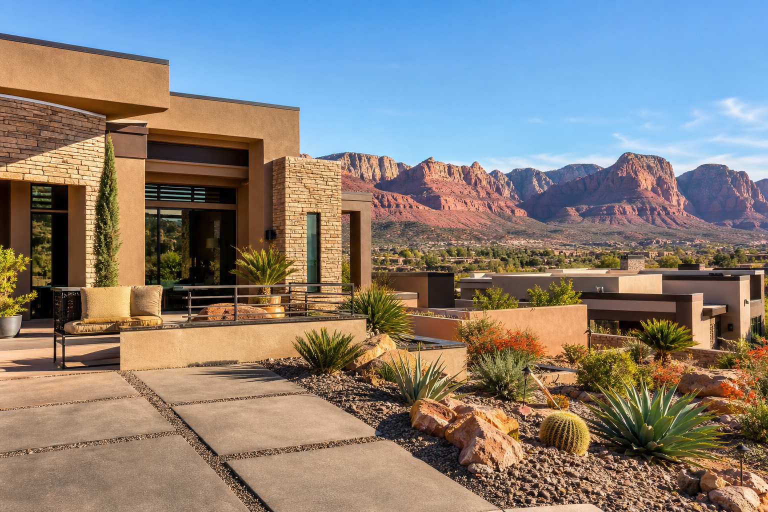 Exterior de una casa moderna con vistas panorámicas a las montañas de rocas rojas en St. George, Utah bajo un cielo azul brillante.